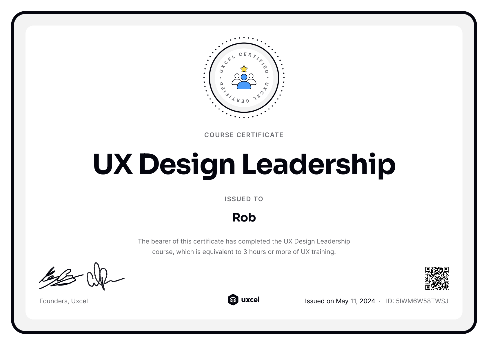Rob B's certificate